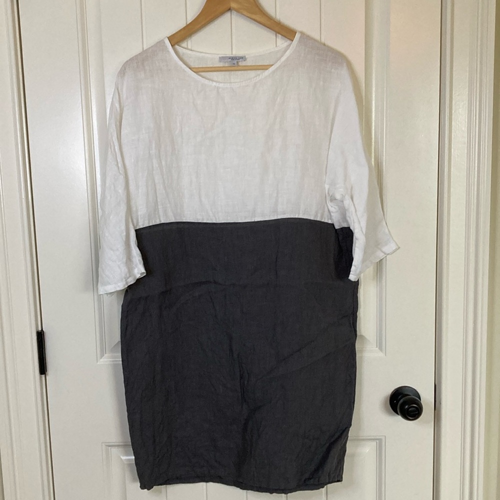 Vanessa Zani Color Block Shift Dress Size M Grey White Elbow Sleeve Linen